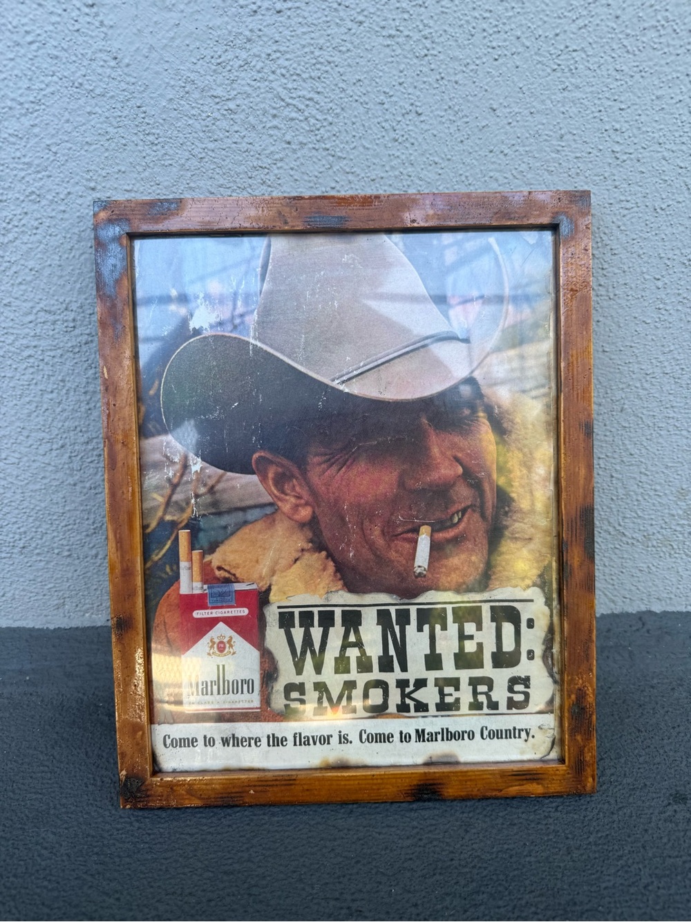 Vintage Handmade Marlboro Cowboy Collage Art – Distressed Rustic Frame – 12x15